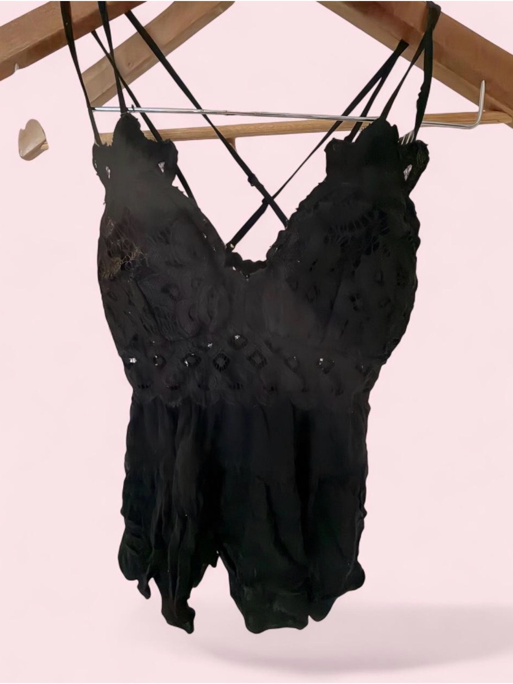 Delicate Black Lace Trim Crisscross Cami